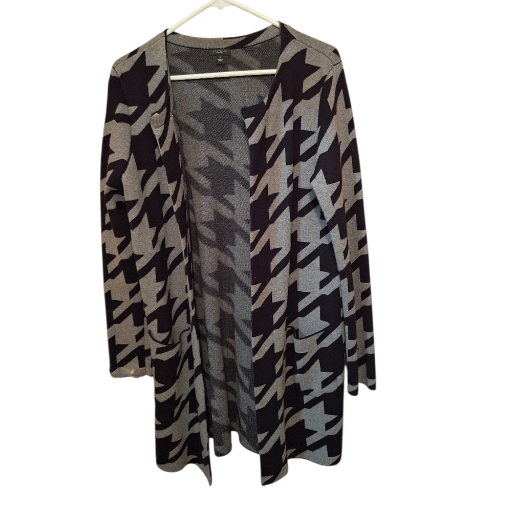 Ann Taylor Factory Black & Gray Houndstooth Celestial Long Cardigan Sweater MED